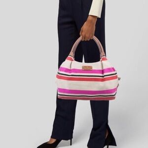 Kate Spade Stevie Oakland Stripe Satchel Shoulder purse Bag brown leather canvas